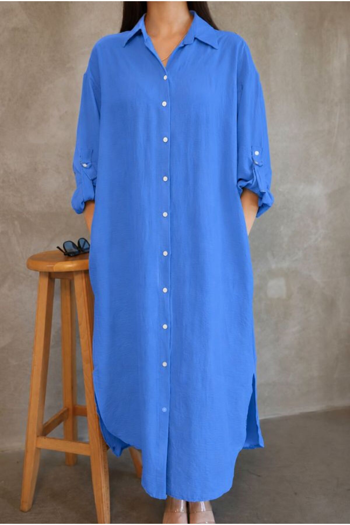 Hazel Women's Oversized Muslin Shirt Dress - Dark Blue Muslin