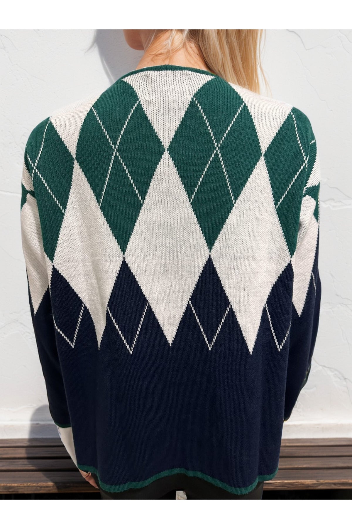 Sienna Women's Argyle Button-Up Cardigan - Green and Navy