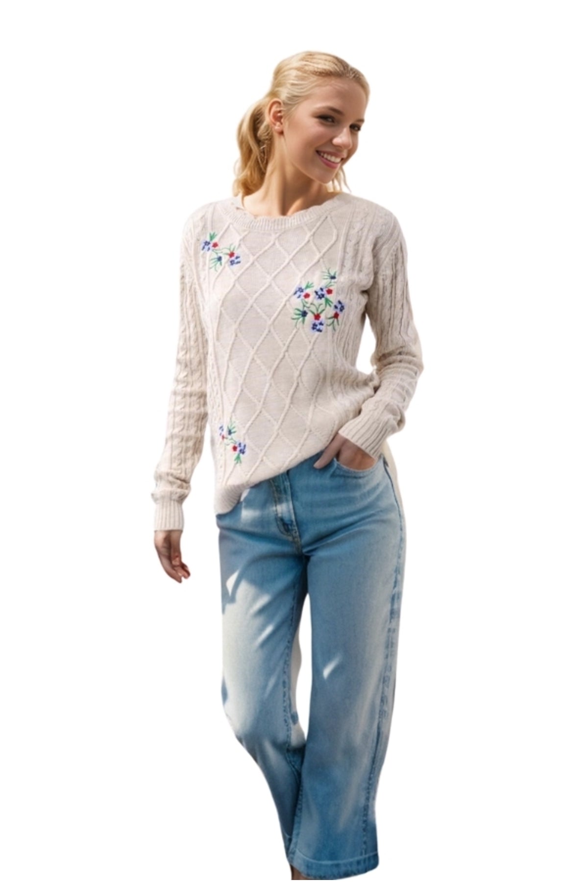 Martha Women's Floral Embroidered Long Sleeve Sweater - Beige Floral Embroidery