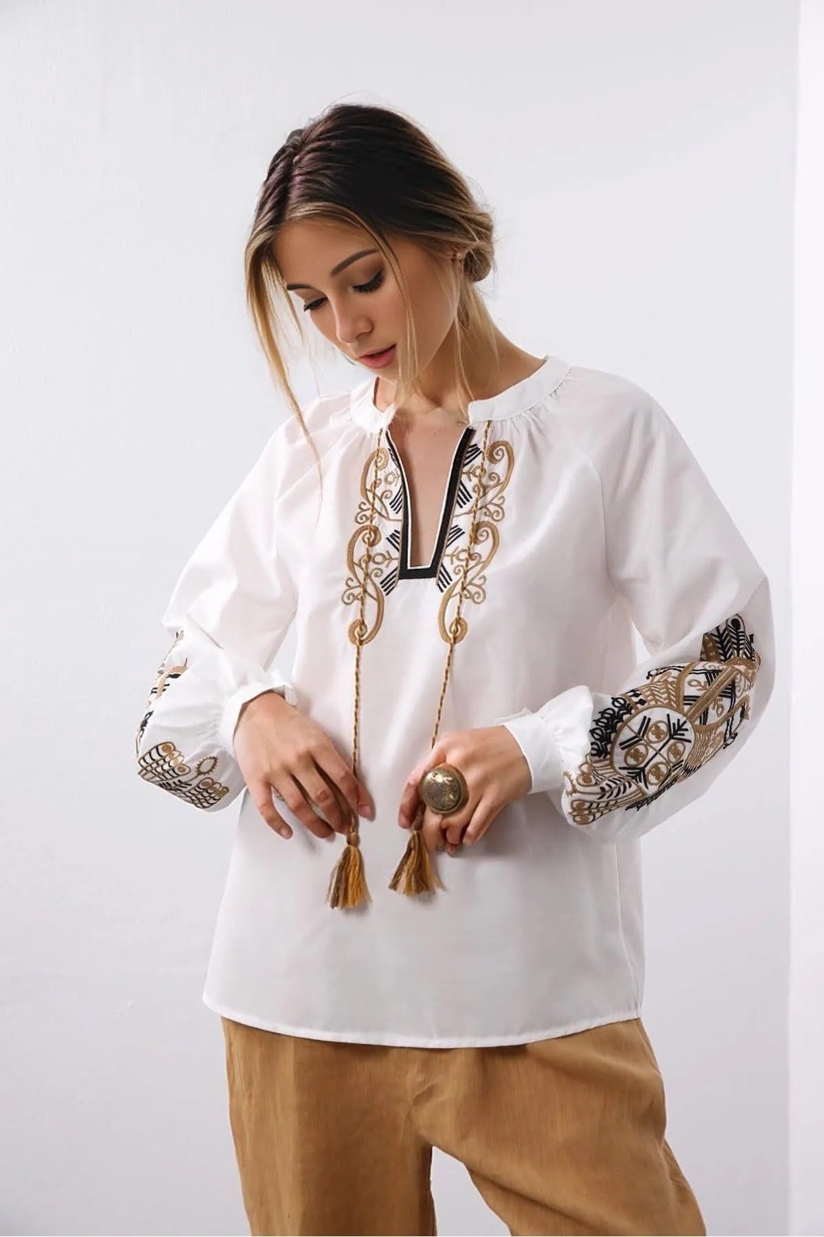 Nicole Women's Cotton Embroidered Long Sleeve Blouse - White with Gold Embroidery