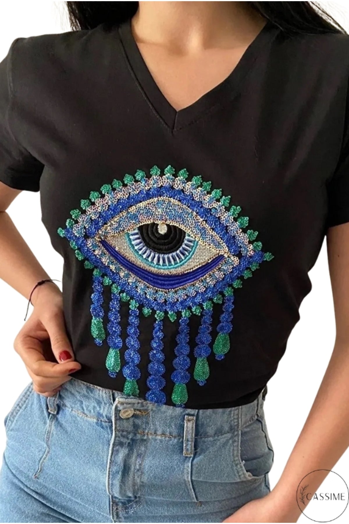 Olivia Women's Cotton Plus Size Embellished V-Neck T-Shirt - Black Evil Eye Pattern