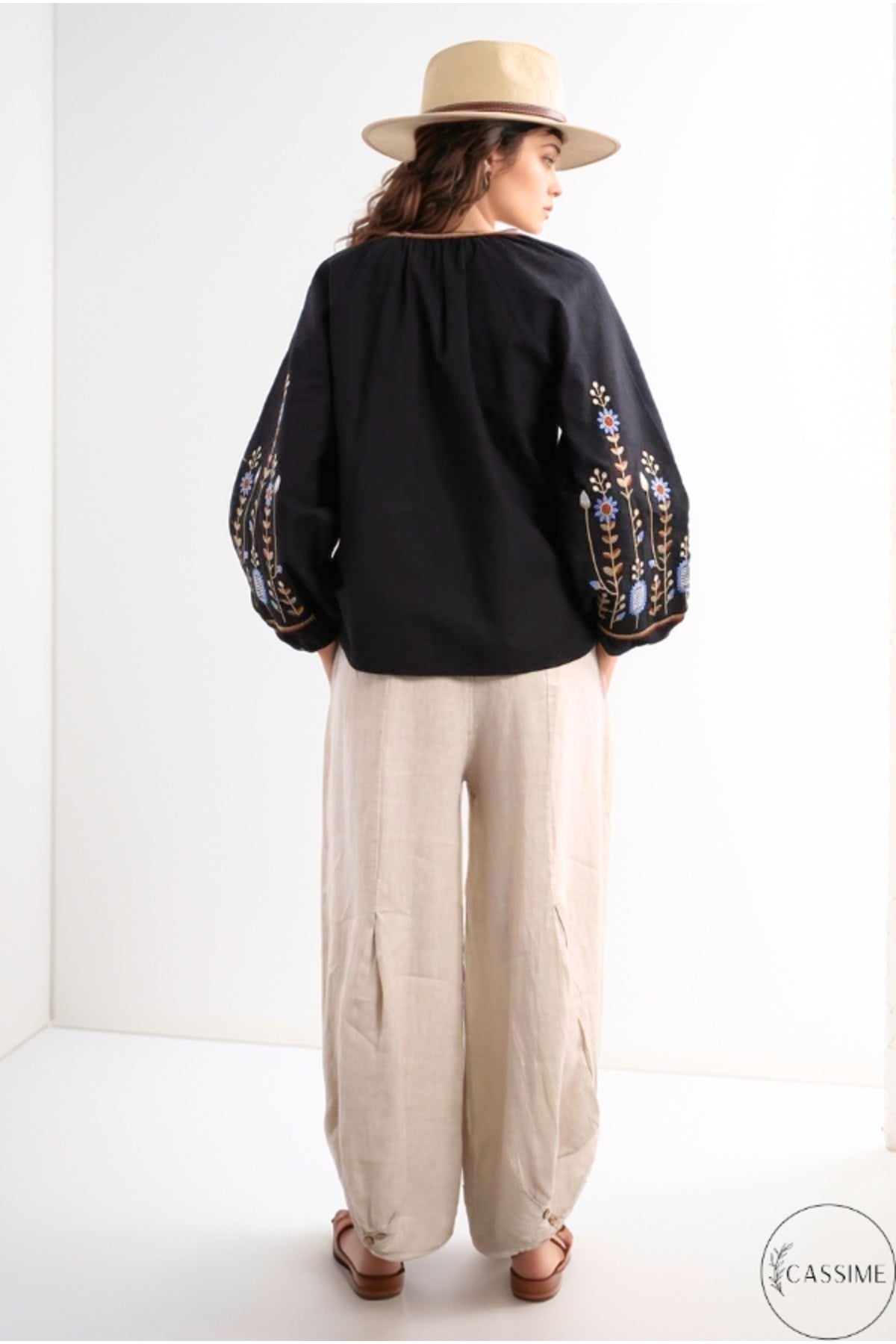 Frances Women's Cotton Embroidered Long Sleeve Blouse - Black