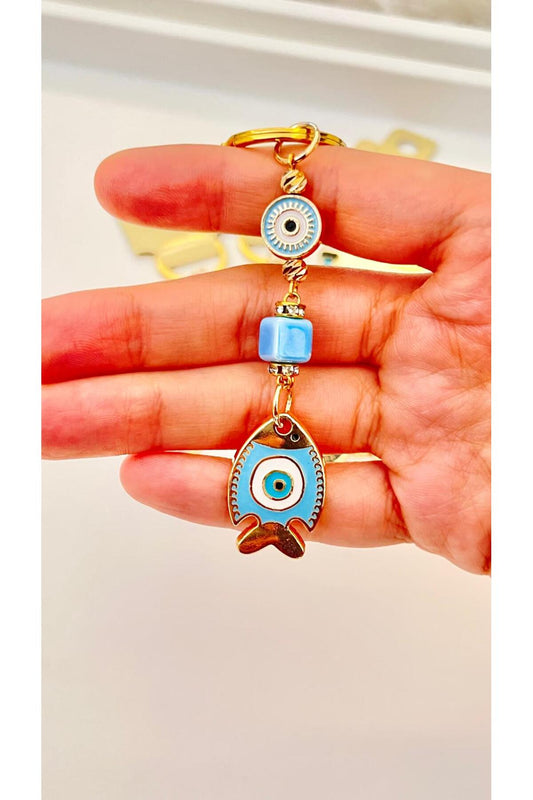 Hannah Gold-Plated Bodrum Bead Keychain - Blue Fish