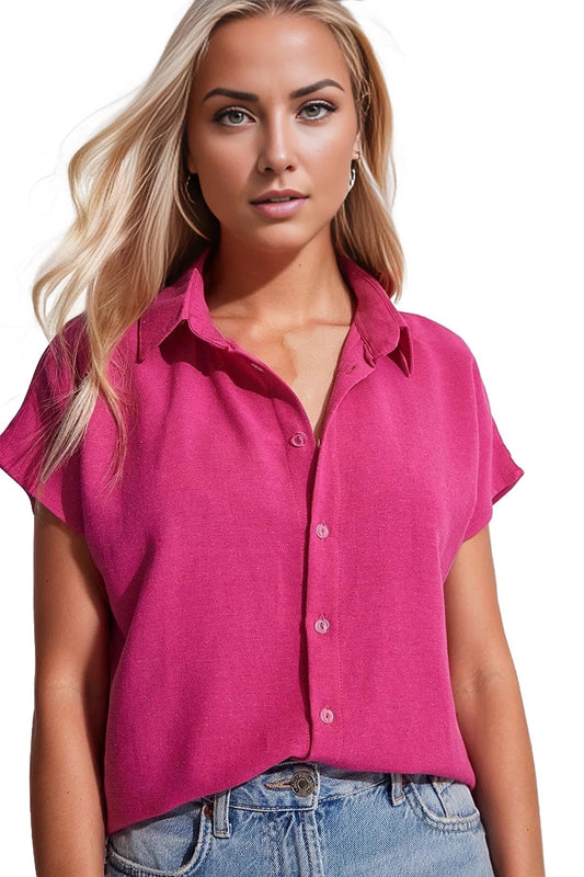 Freya Women's Linen-Viscose Blend Short Sleeve Batwing Shirt - Fuchsia