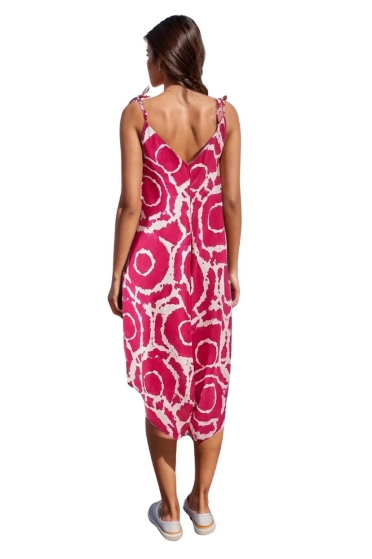 Eliza Women's Linen-Viscose Blend Relaxed Spaghetti Strap Jumpsuit - Pink Round Print
