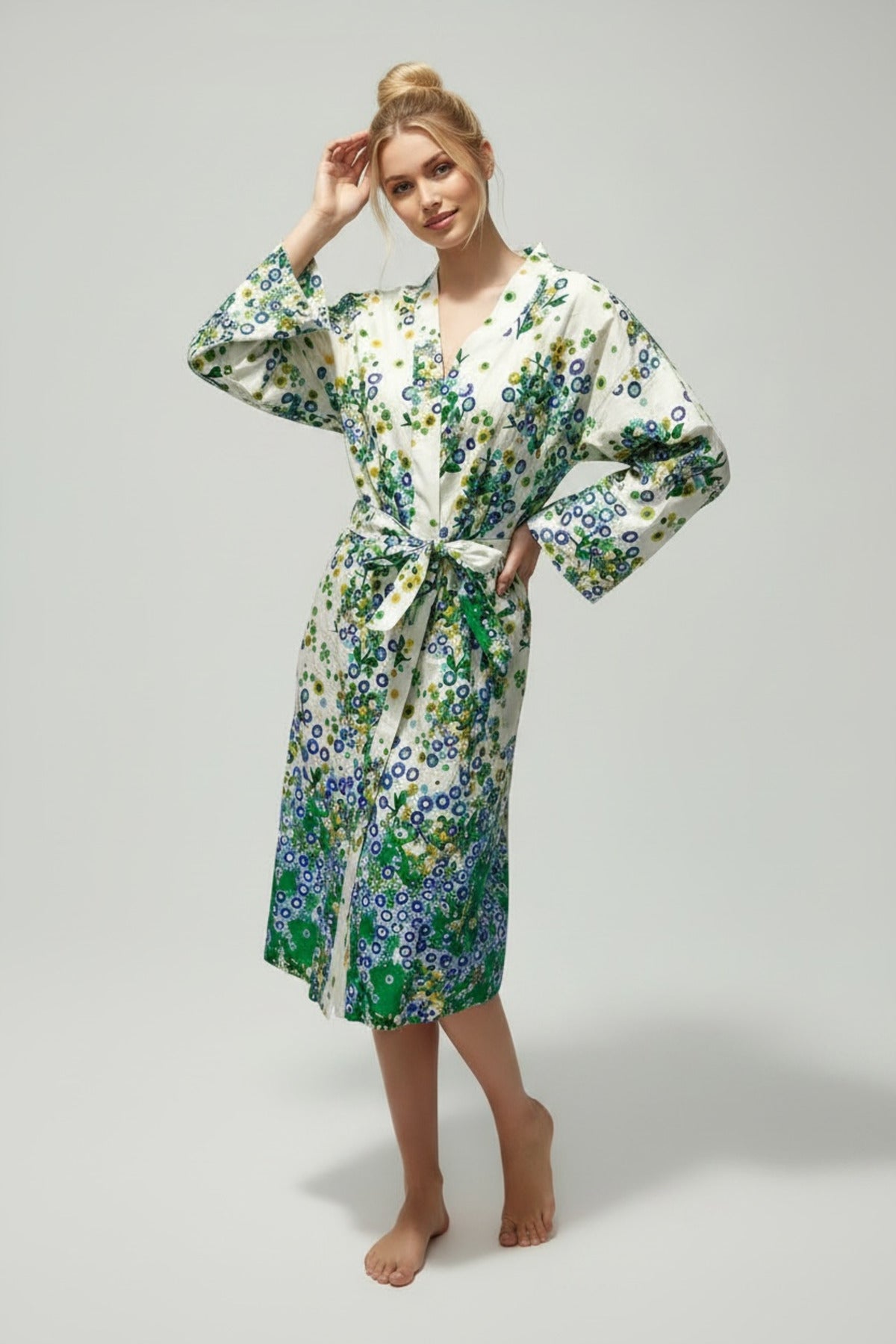 Adele Women's Floral Belted Kimono - White Green Floral - product image 1