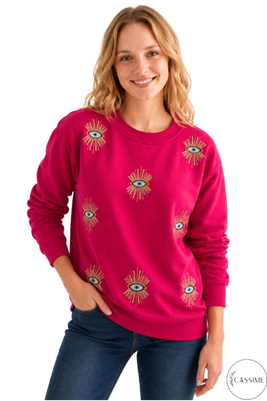 Ava Women's Embellished Evil Eye Sweatshirt - Fuchsia Evil Eye