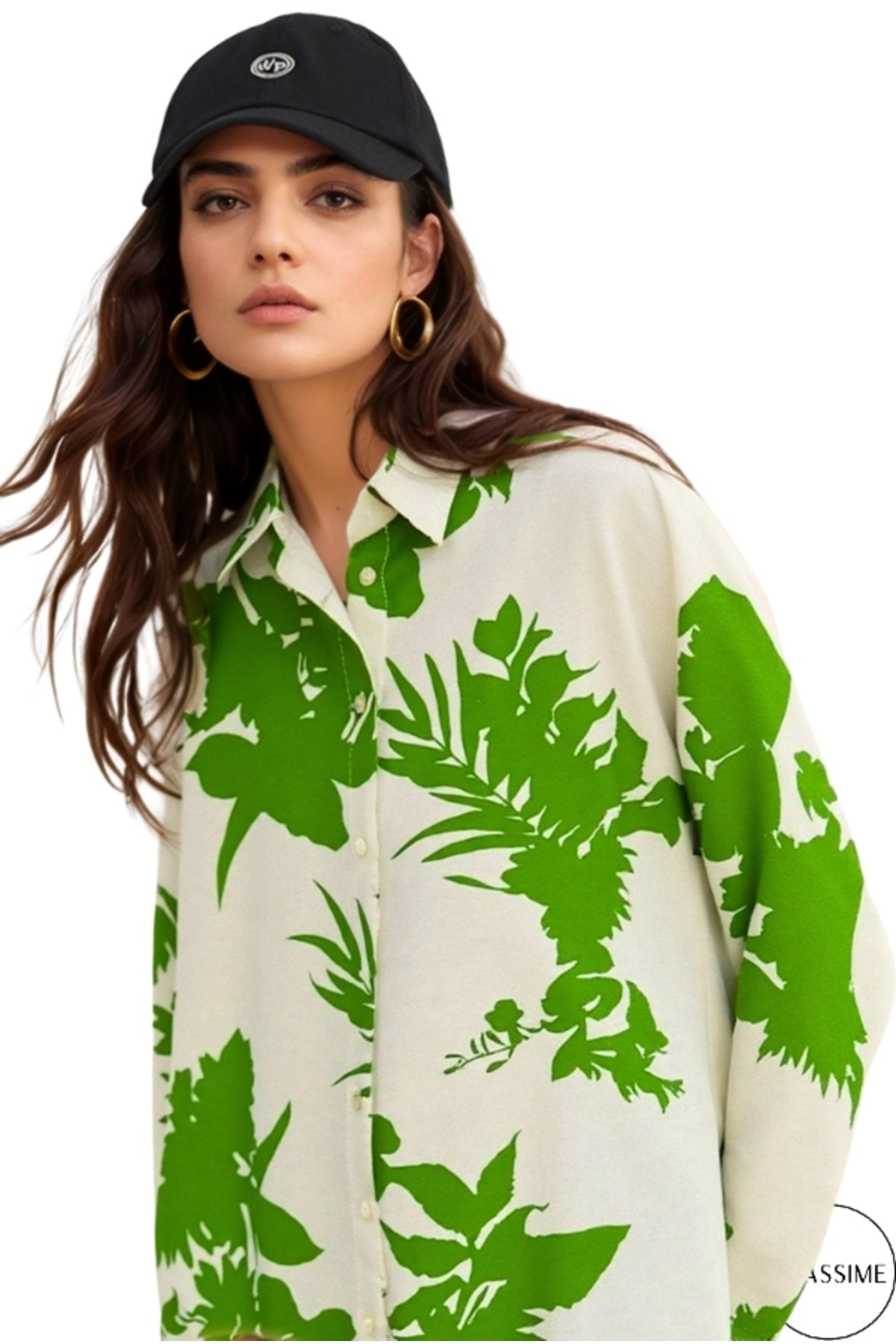 Emilia Women's Linen-Viscose Blend Oversized Printed Shirt - Green Leaf Floral