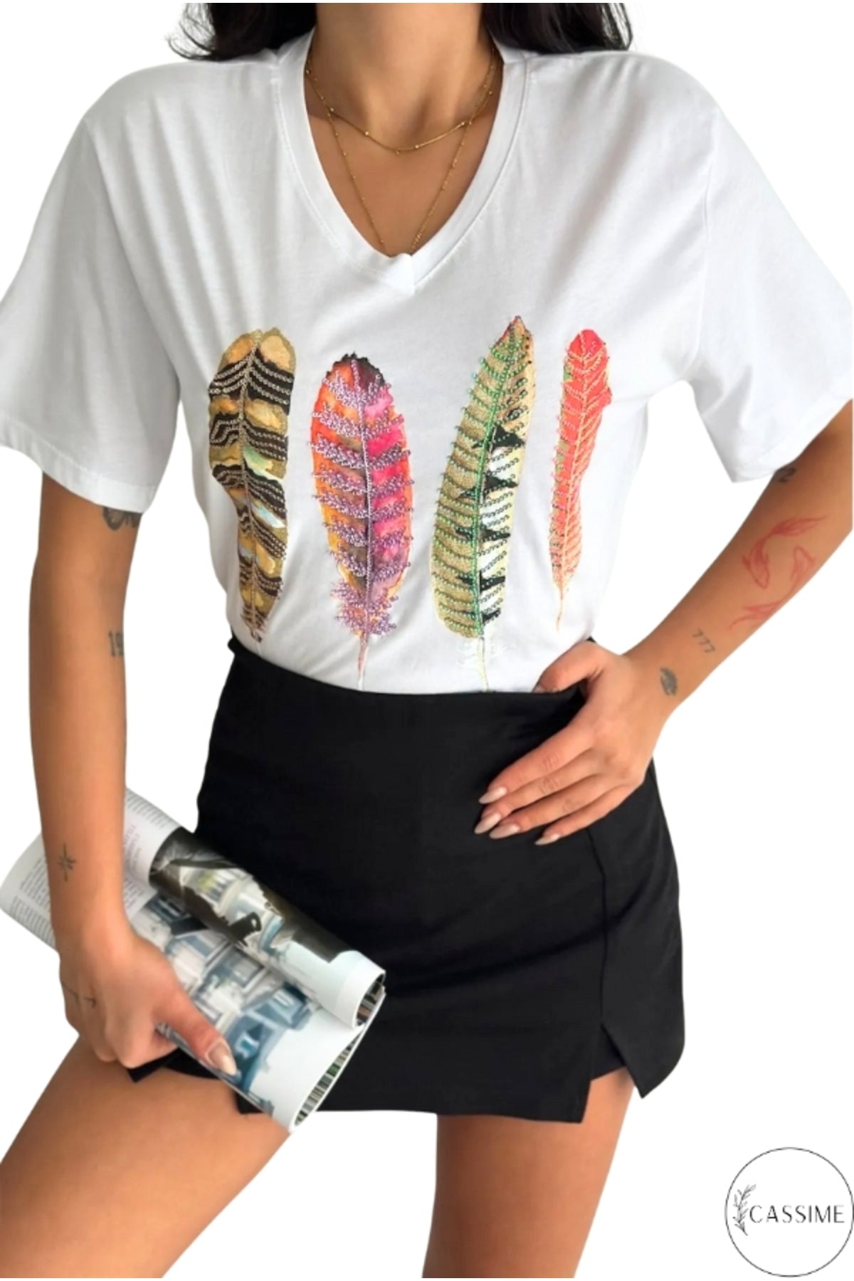 Sophie Women's Cotton Embellished V-Neck T-Shirt - White Four Multicolor Feathers Print