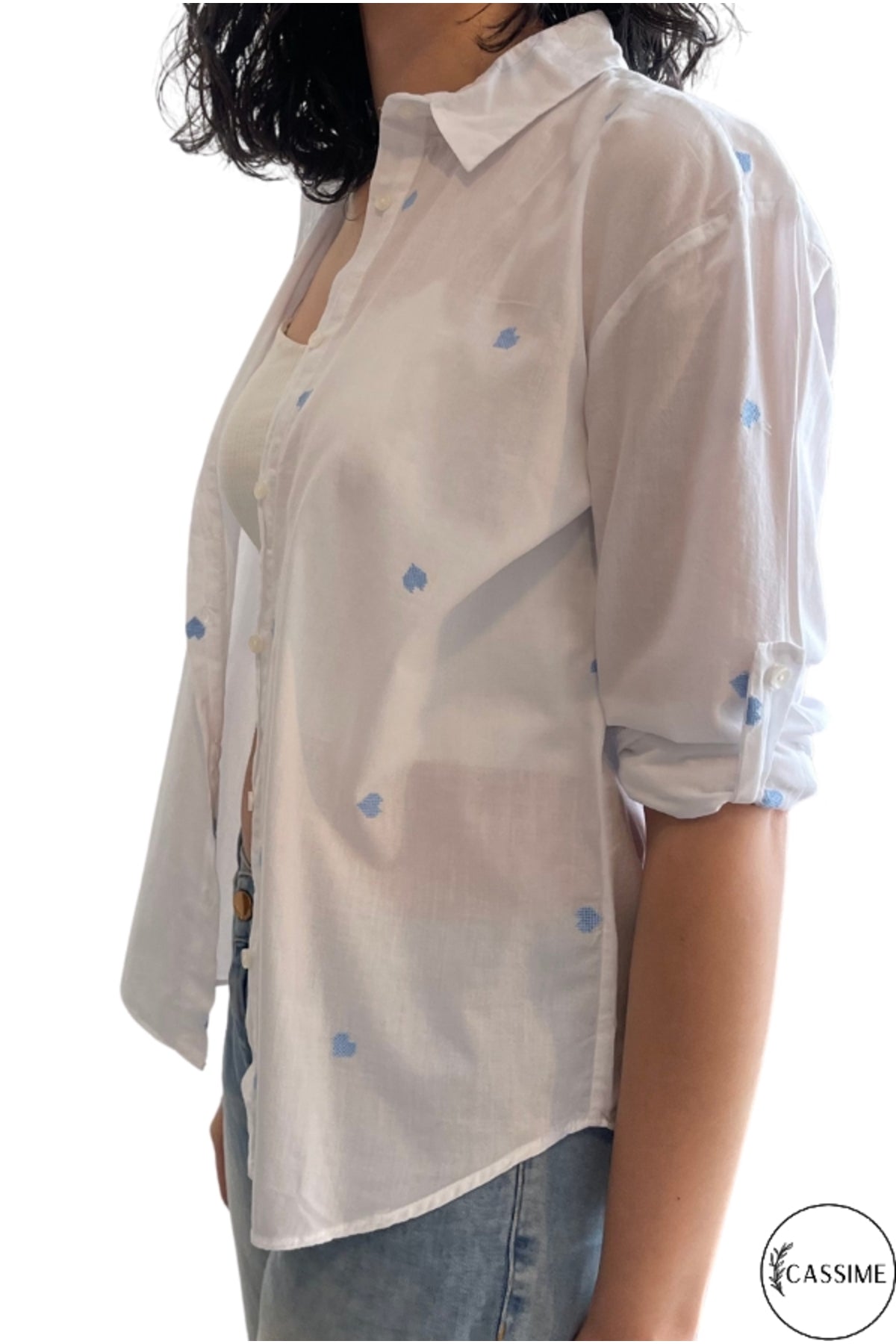 Ella Women's Cotton Embroidered Button-Up Shirt - White with Blue Hearts