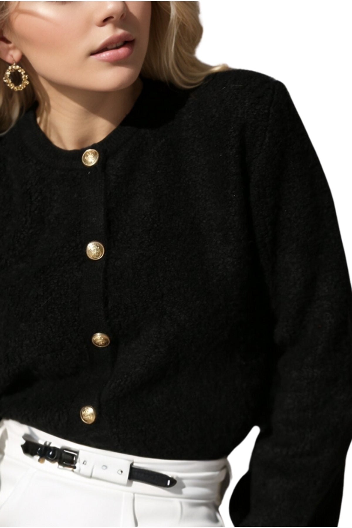 Kayla Women's Gold-Tone Button Teddy Cardigan - Black
