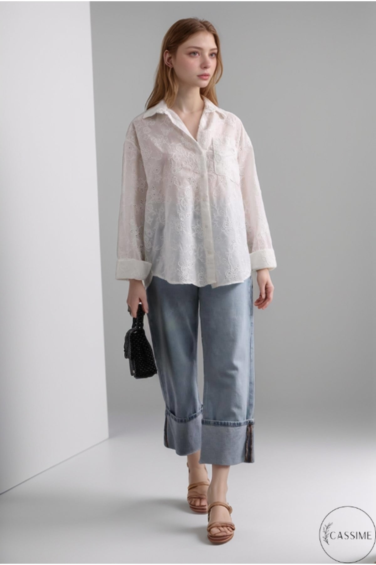 Florence Women's Cotton Floral Embroidered Pocket Shirt - White Floral
