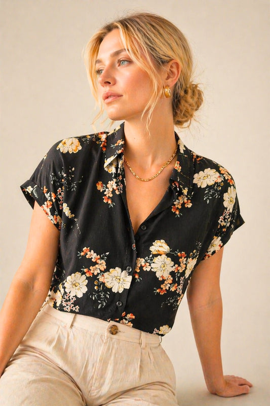 Charlotte Women's Short Sleeve Batwing Shirt - Black Floral