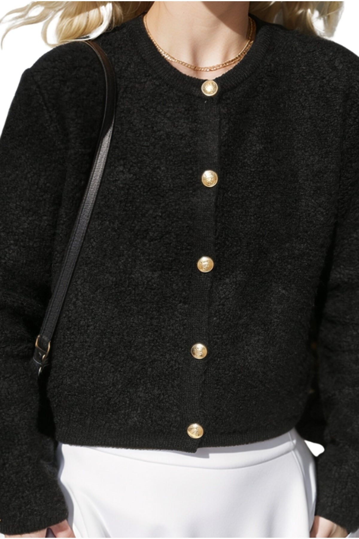 Kayla Women's Gold-Tone Button Teddy Cardigan - Black