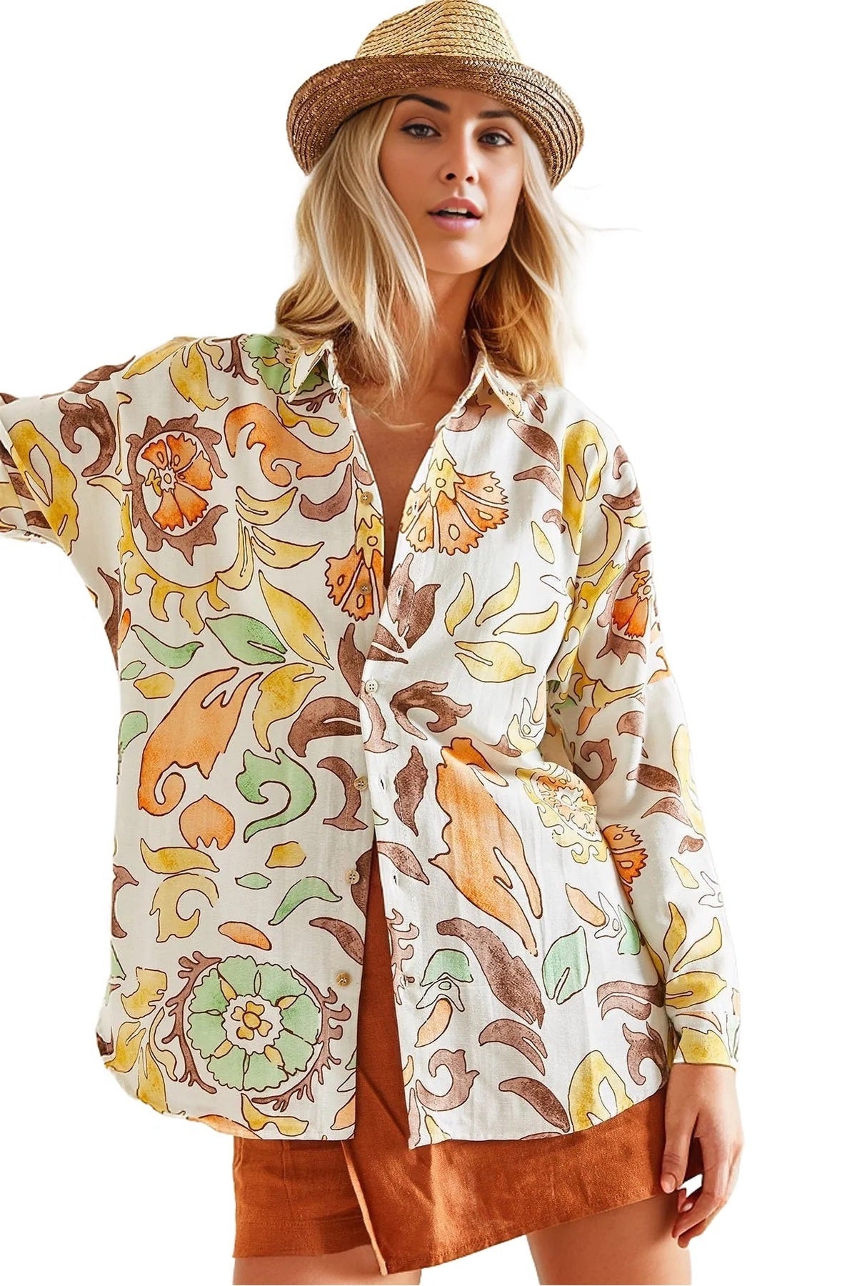Emilia Women's Linen Blend Oversized Printed Shirt - Light Orange Floral