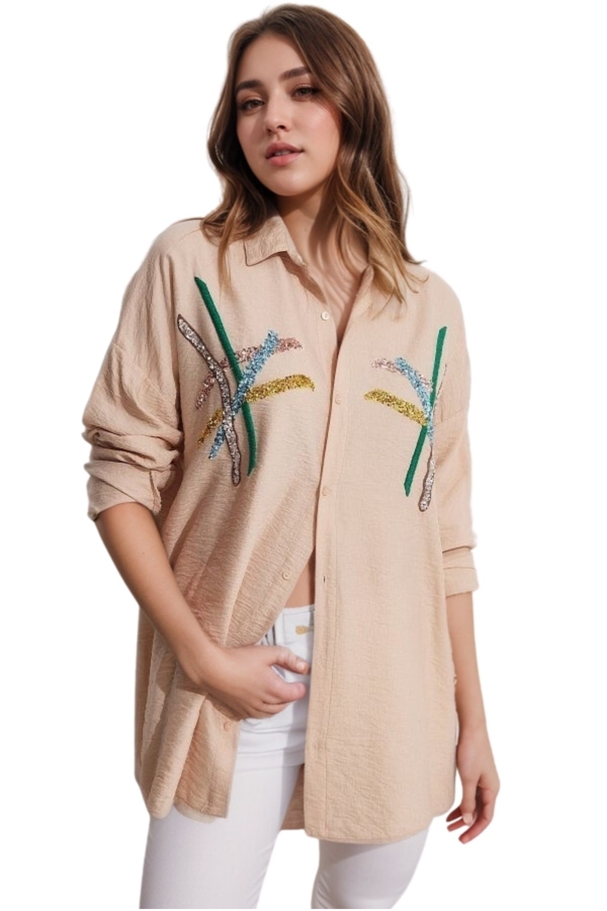 Natasha Women's Embroidered Oversized Shirt - Beige Stripe Print