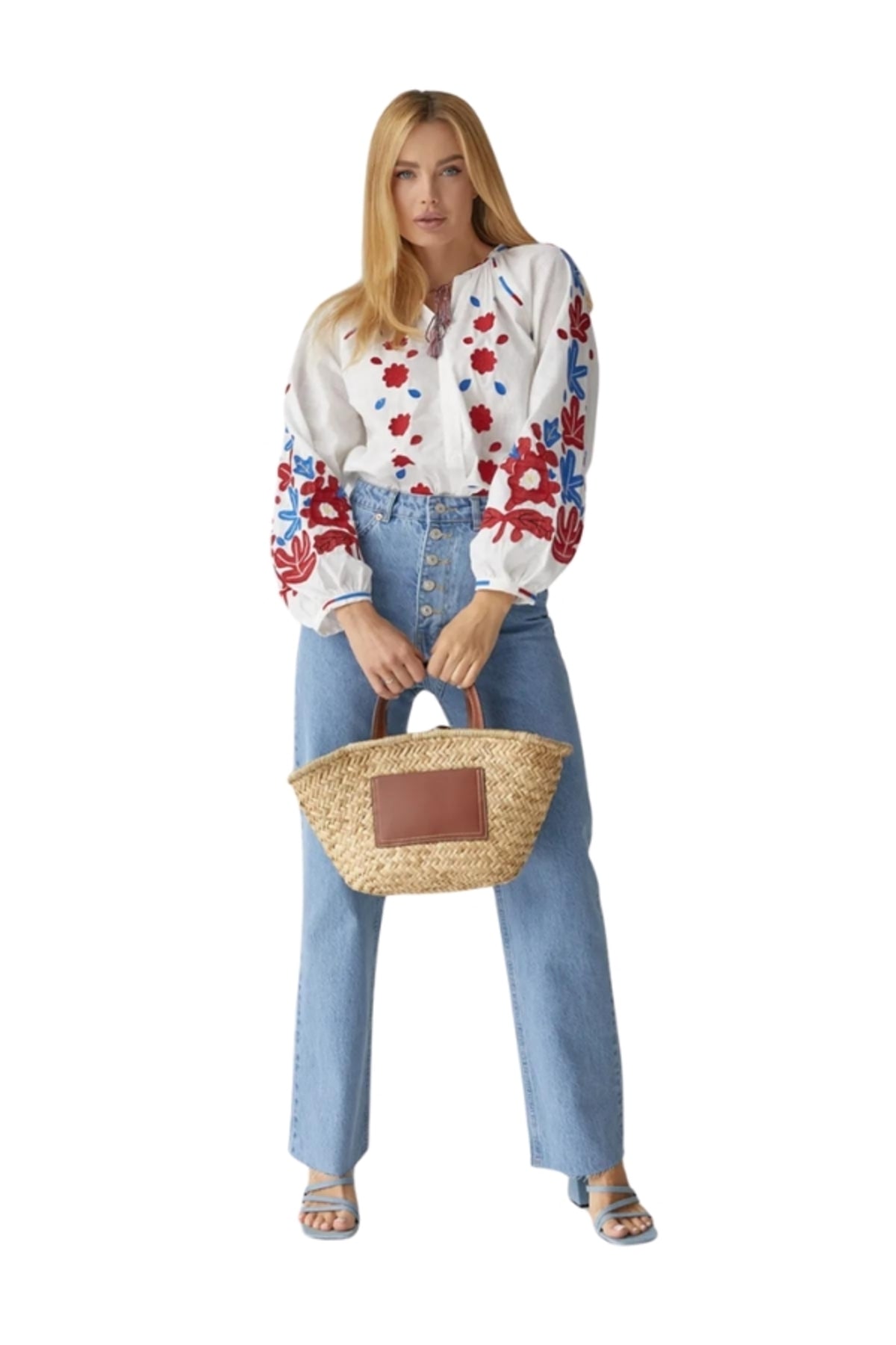 Sylvia Women's Cotton Floral Embroidered Blouse - White with Red and Blue Floral Embroidery