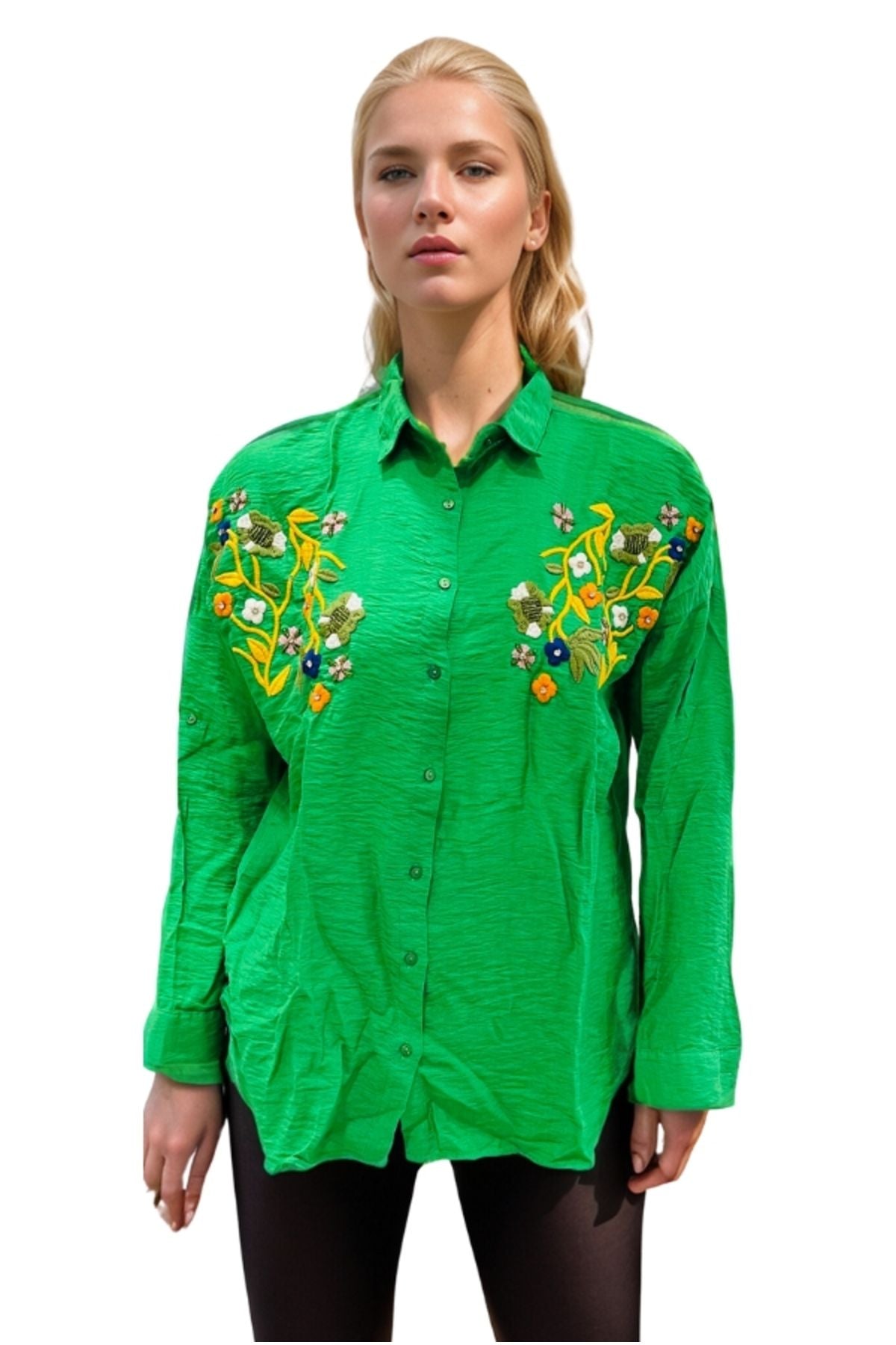 Claire Women's Floral Embellished Button-Up Shirt - Green Floral Embroidery