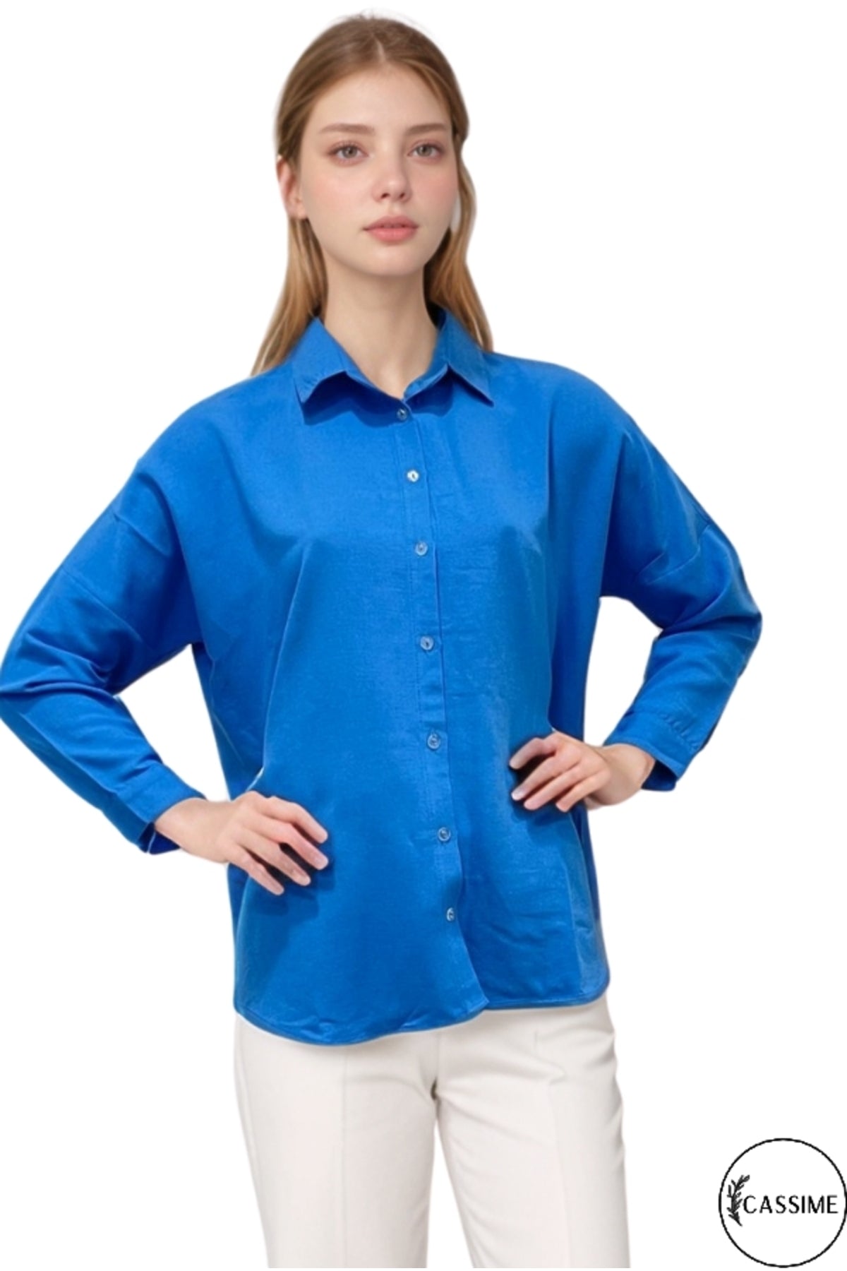 Harriet Women's Linen-Viscose Blend Oversized Long Sleeve Shirt - Blue