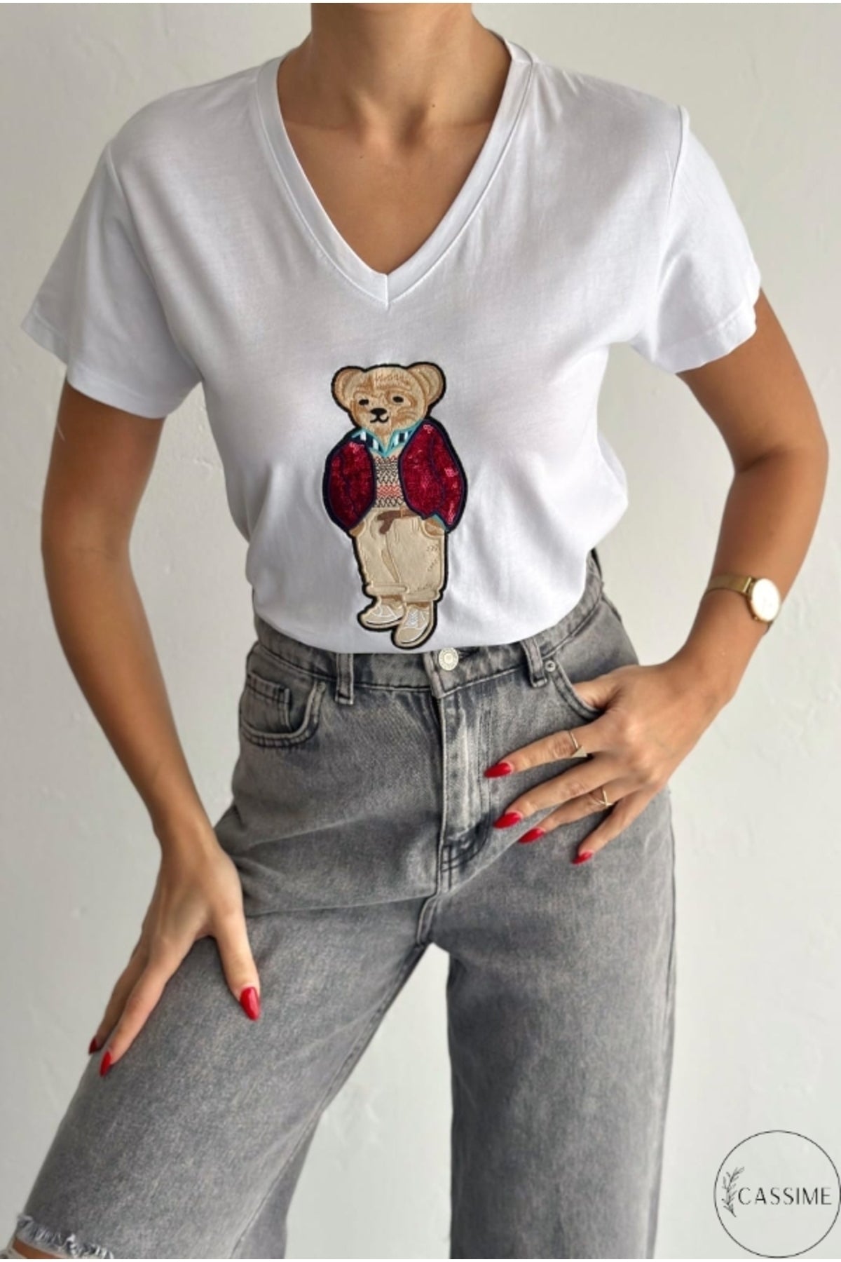 Olivia Women's Cotton Plus Size Embellished V-Neck T-Shirt - White Teddy Bear Print