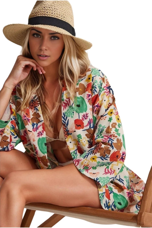 Catherine Women's Linen-Viscose Blend Relaxed Fit Kimono - Multicolor Floral