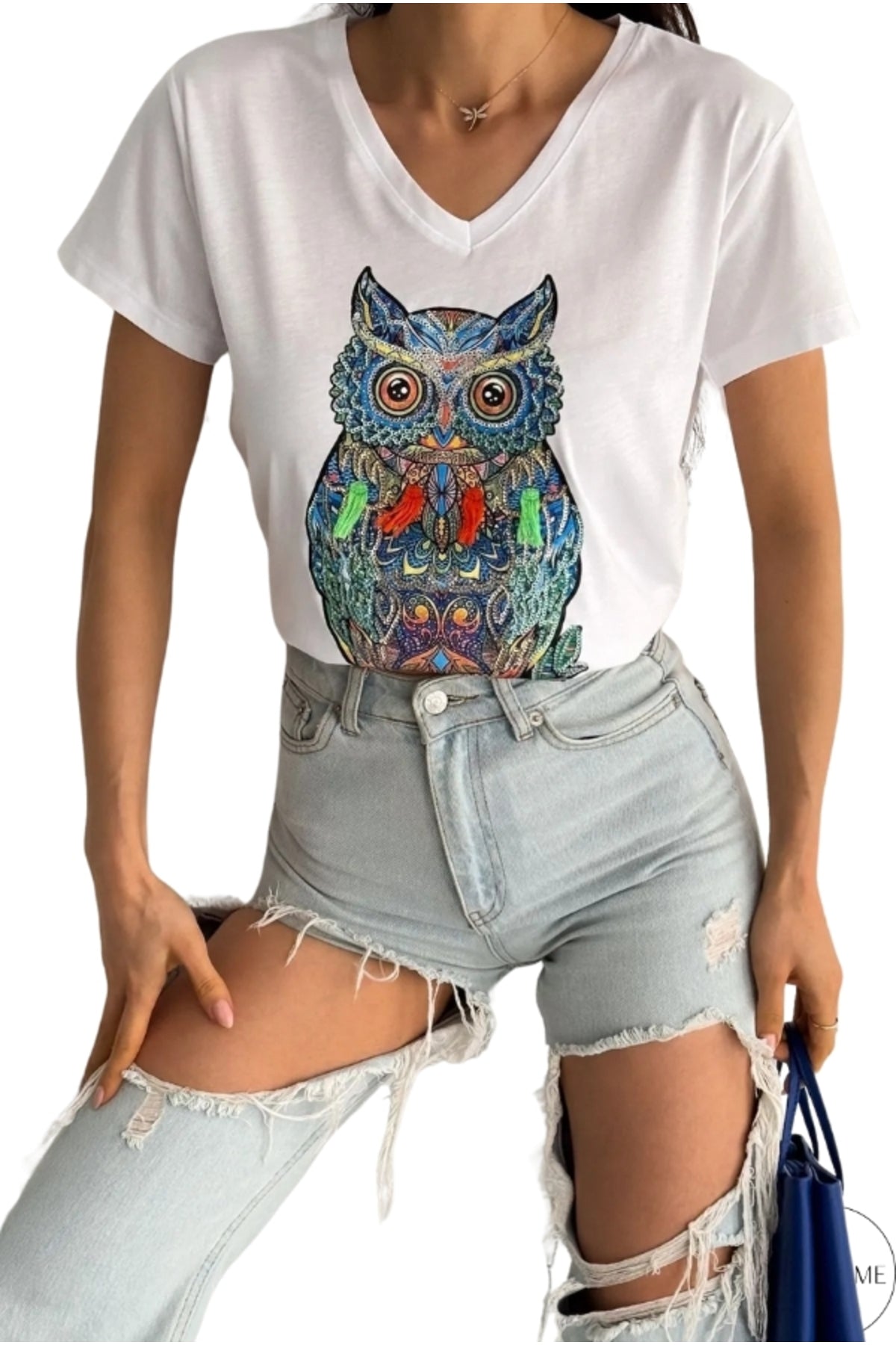Olivia Women's Cotton Plus Size Embellished V-Neck T-Shirt - White Owl Print