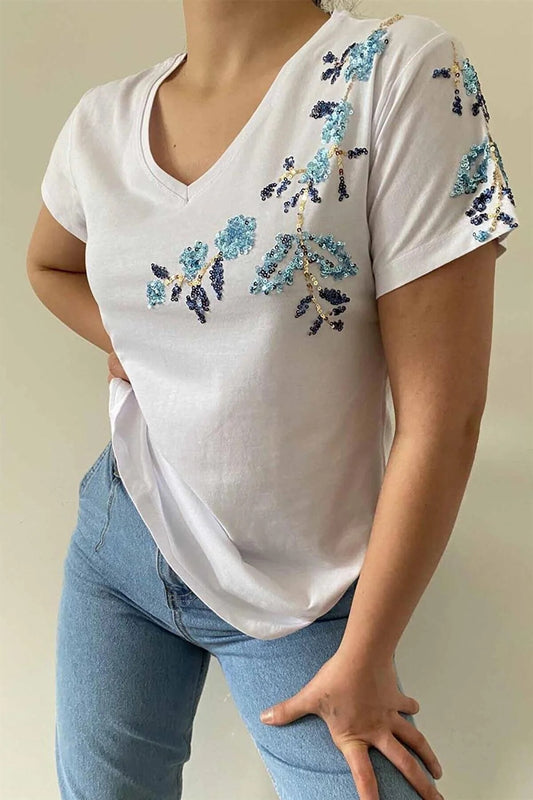 Sophie Women's Cotton Embellished V-Neck T-Shirt - Blue Flower Branch Sequin