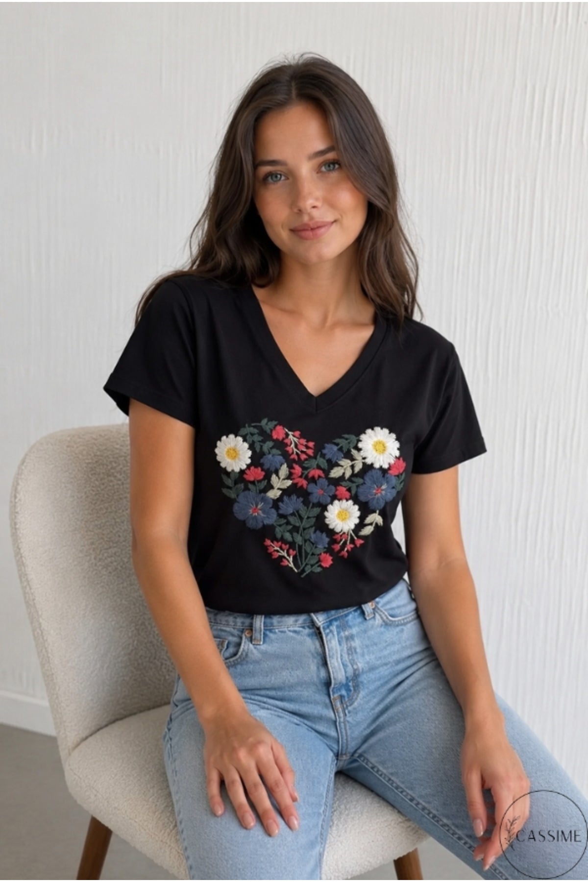 Olivia Women's Cotton Plus Size Embellished V-Neck T-Shirt - Multicolor with Black Embroidery