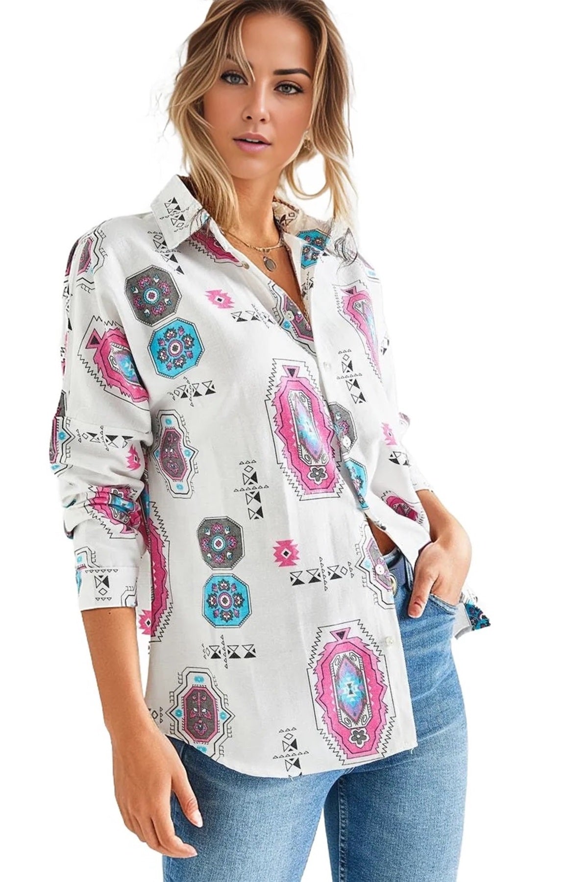 Emilia Women's Linen-Viscose Blend Oversized Printed Shirt - Pink Boho Print