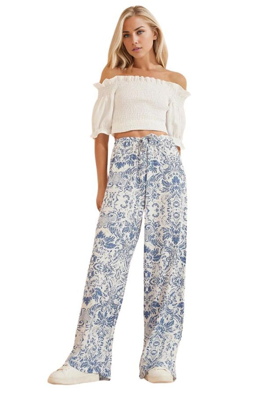 Bethany Women's Viscose High Waist Palazzo Pants - Blue Floral