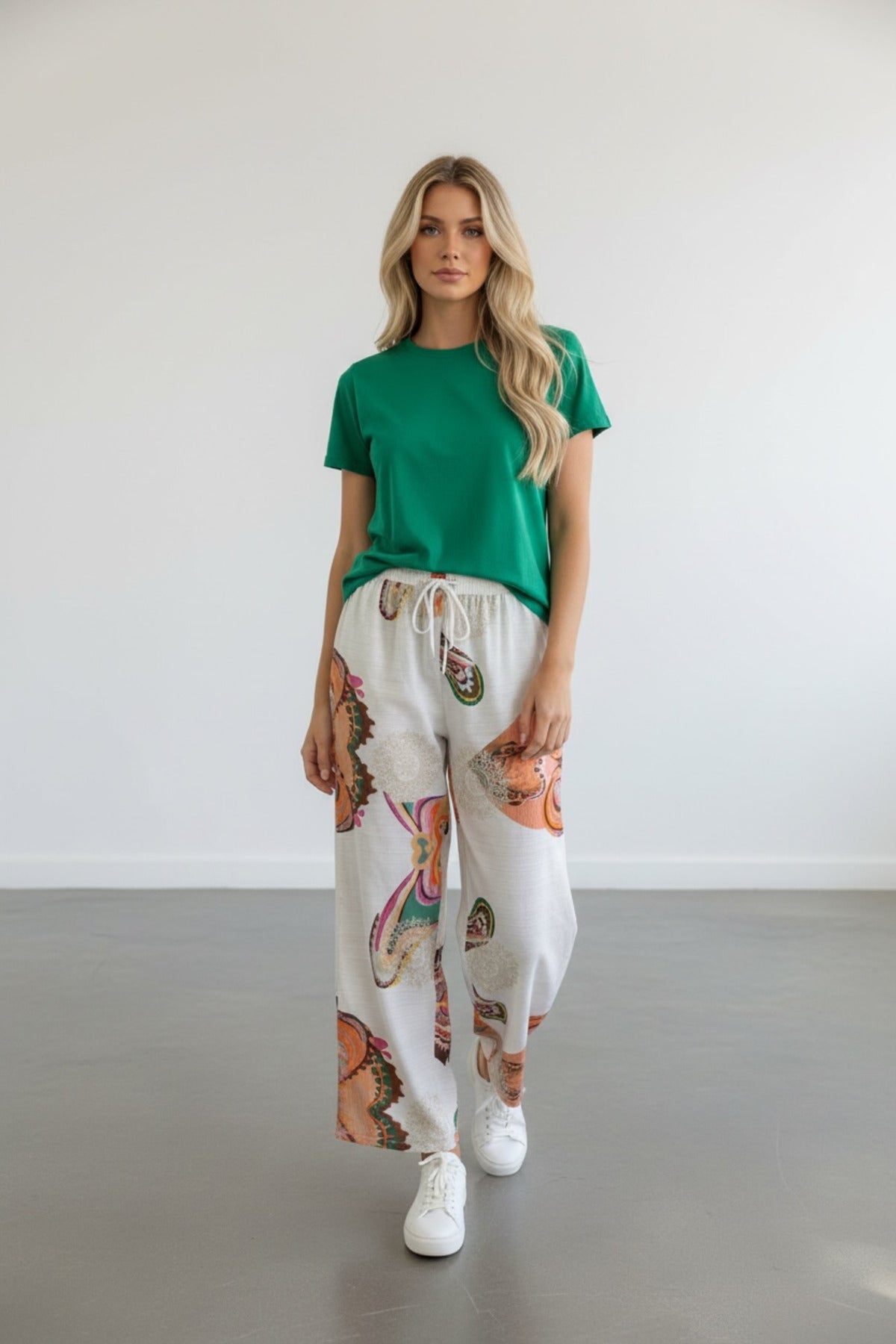 Lucy Women's Viscose Wide Leg Palazzo Pants - Ecru with Orange and Green Shimmer Print