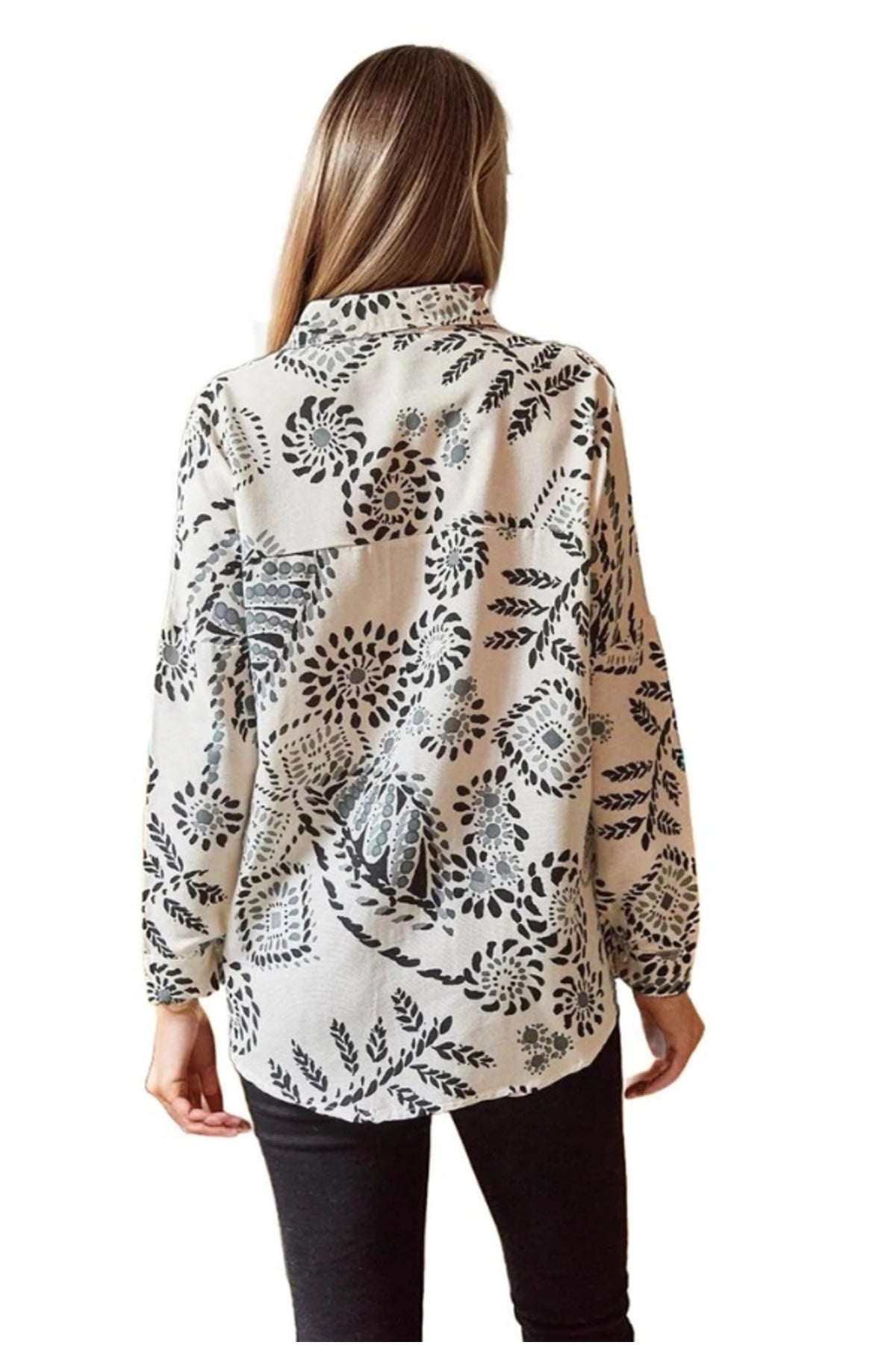 Emilia Women's Linen-Viscose Blend Oversized Printed Shirt - Black and Ecru Geometric Print