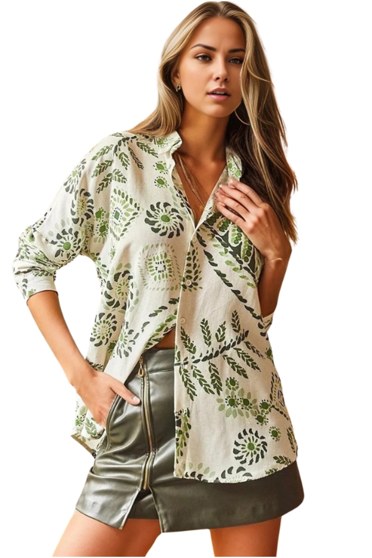 Emilia Women's Linen-Viscose Blend Oversized Printed Shirt - Green and Ecru Geometric Print