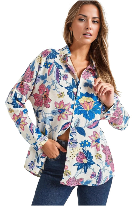 Emilia Women's Linen-Viscose Blend Oversized Printed Shirt - Lotus Pink Floral