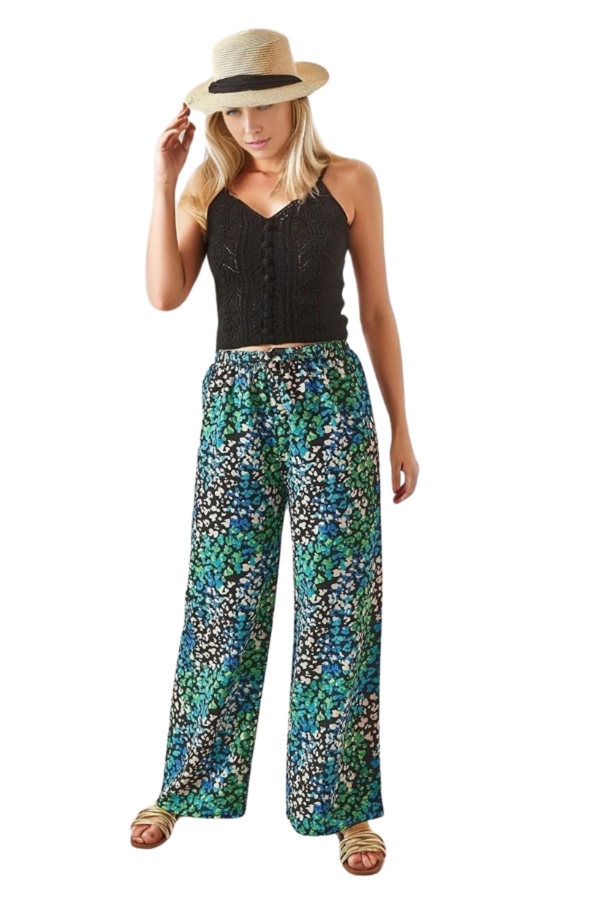Lucy Women's Linen-Viscose Blend Wide Leg Palazzo Pants - Green Floral