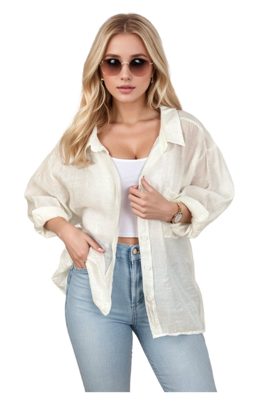 Georgia Women's Cotton Blend Oversized Long Sleeve Shirt - Ecru