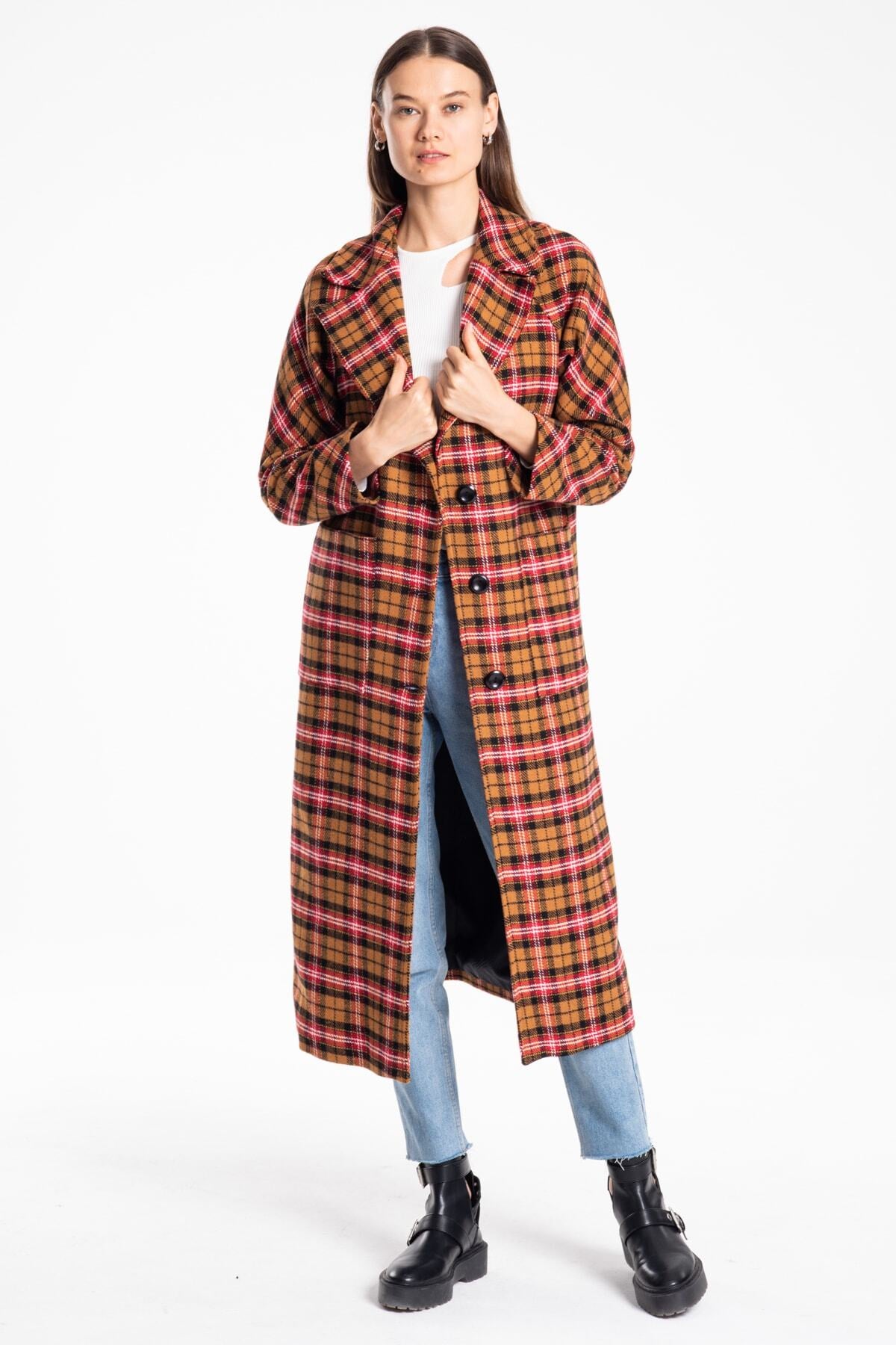 Frieda Women's Plaid Coat - Cognac Black Red - product image 1