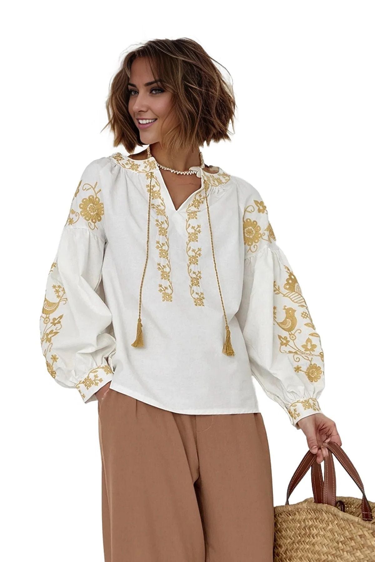 Autumn Women's Bird and Floral Embroidered Tassel Blouse - White