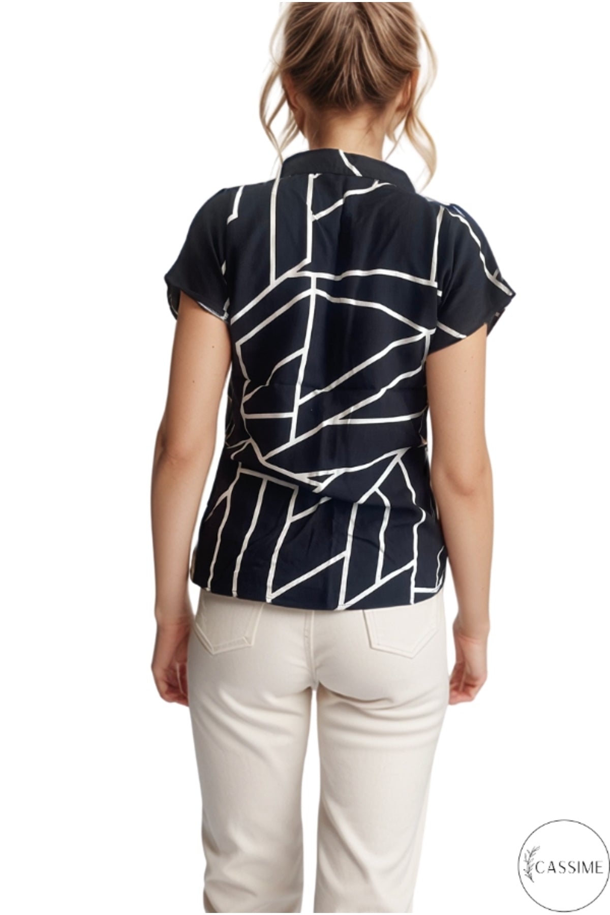 Charlotte Women's Short Sleeve Batwing Shirt - Black and White Geometric Print