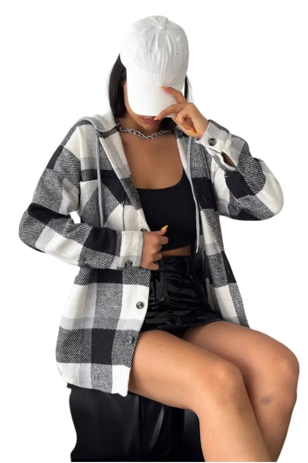 Harper Black White Cotton Plaid Shacket with Hoodie