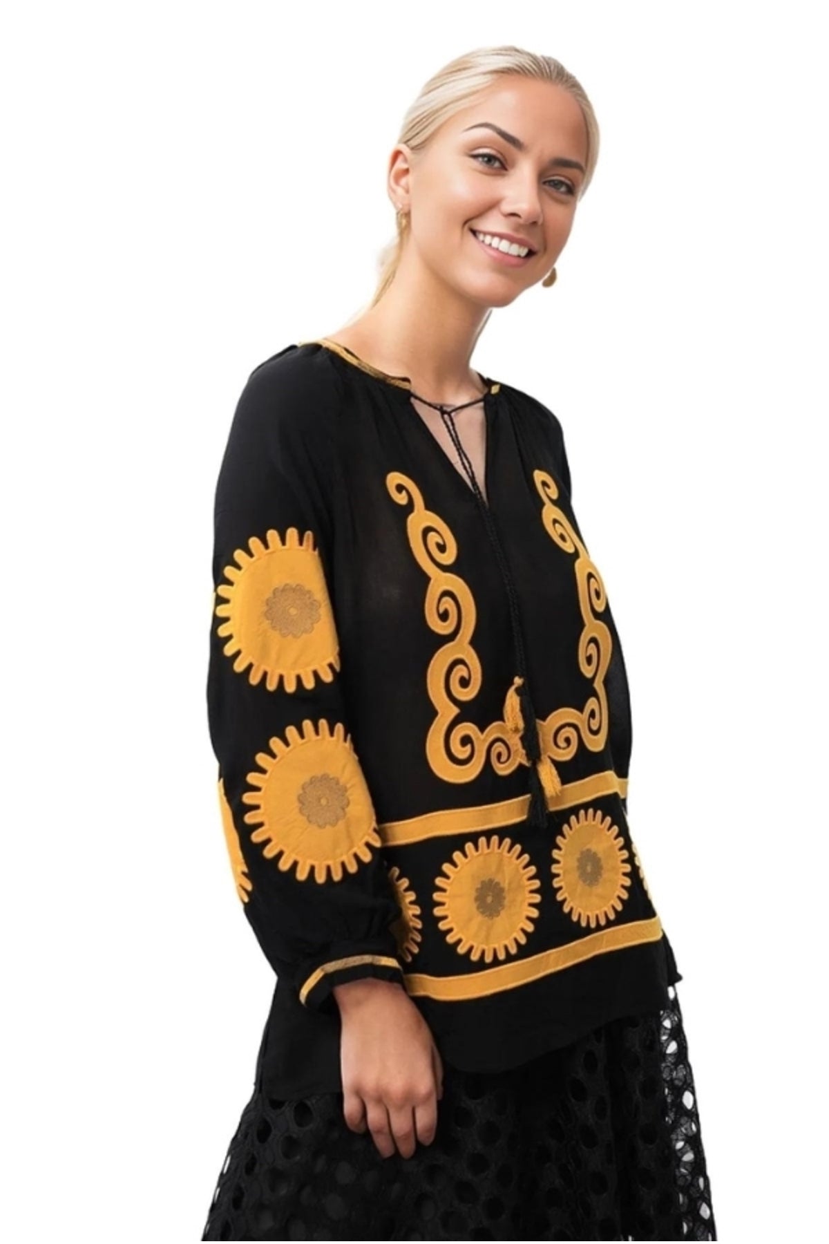 Ainsley Women's Cotton Vintage Inspired Floral Embroidered Blouse - Black