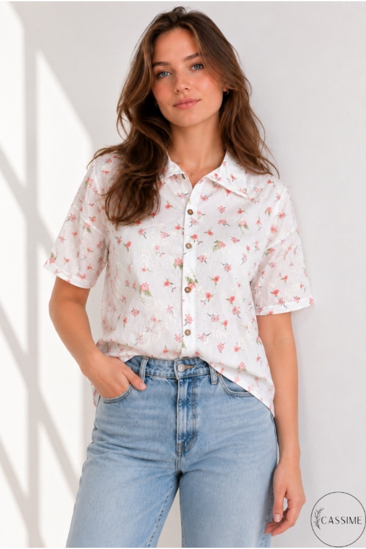 Women's pink mini floral cotton shirt - view 4