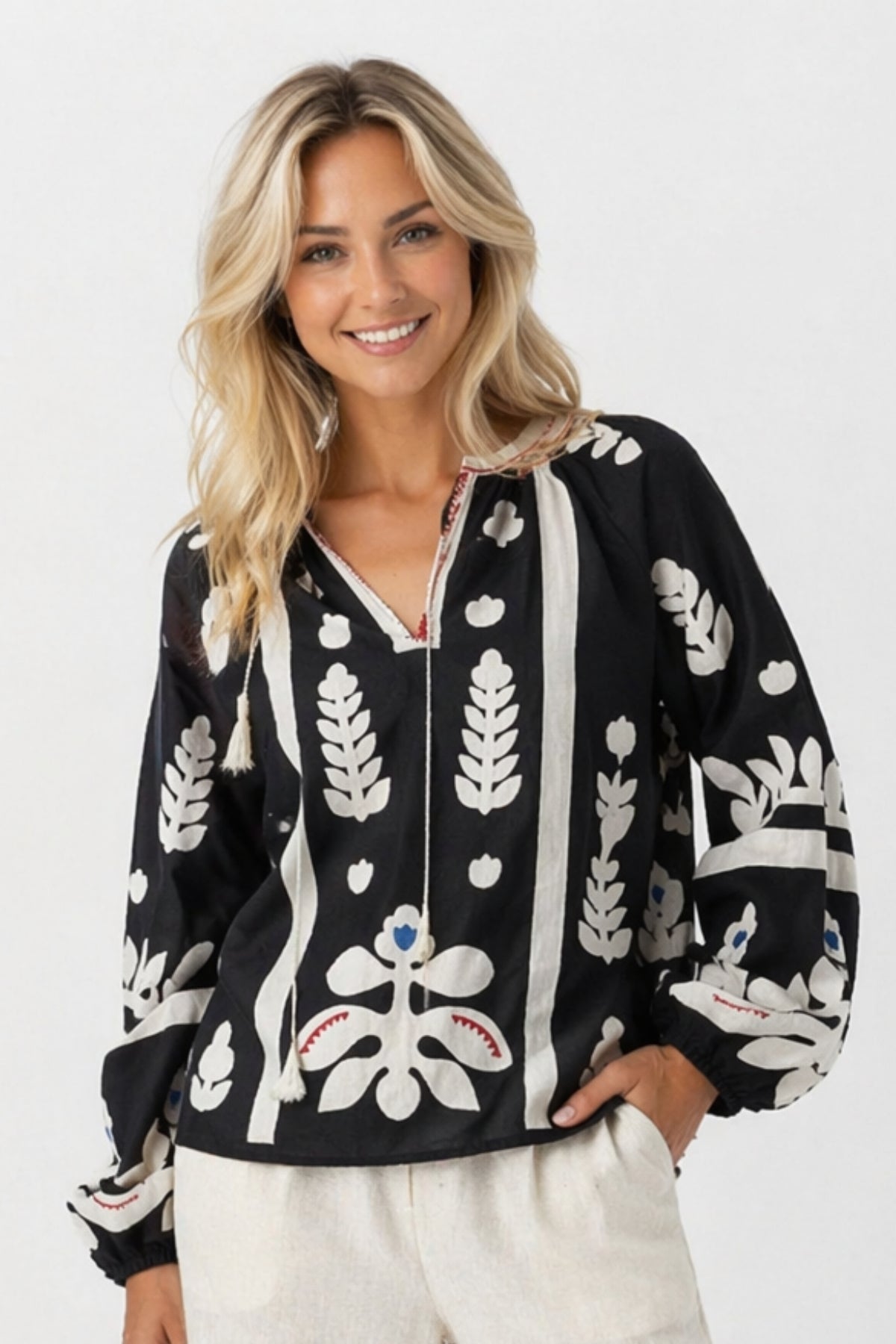 Paige Women's Cotton Embroidered Long Sleeve Woven Blouse - White with Black Embroidery