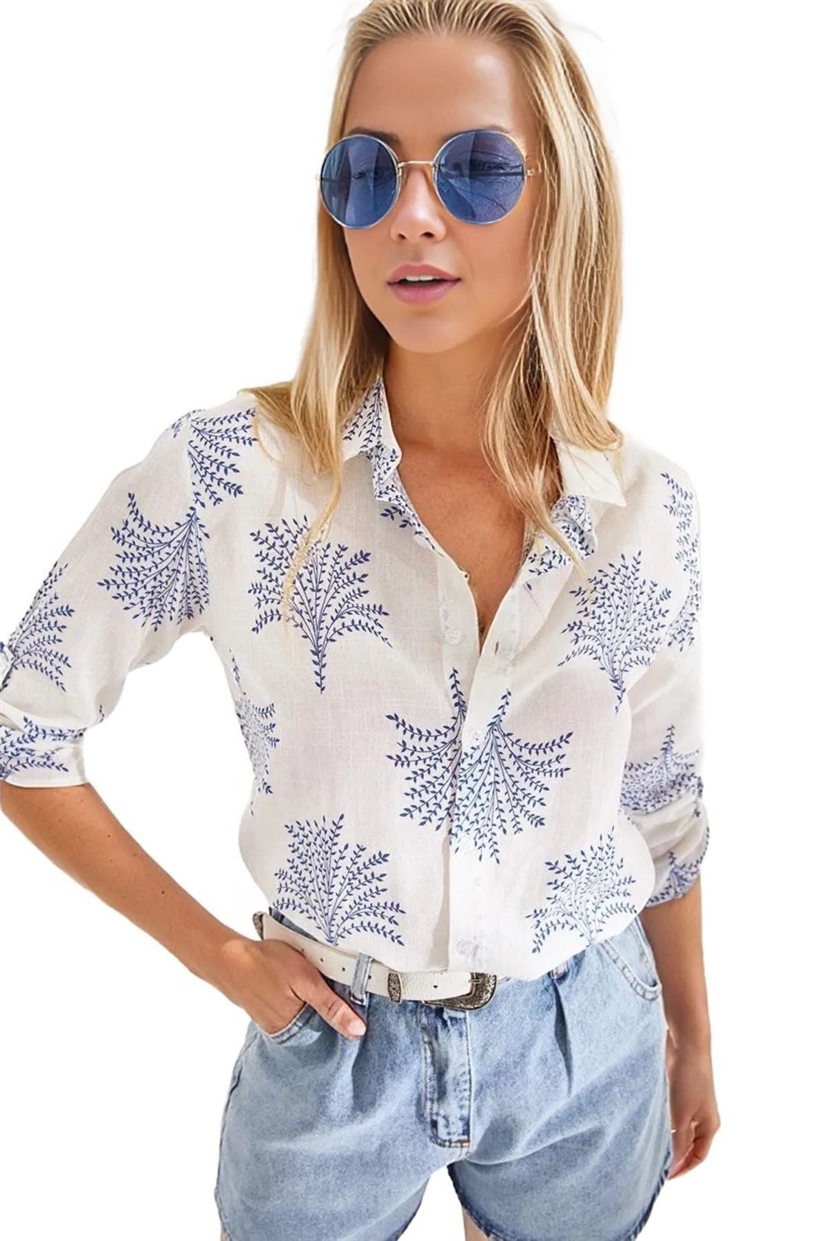 Robyn Women's Cotton Blend Roll-Sleeve Button-Up Shirt - Blue Fan