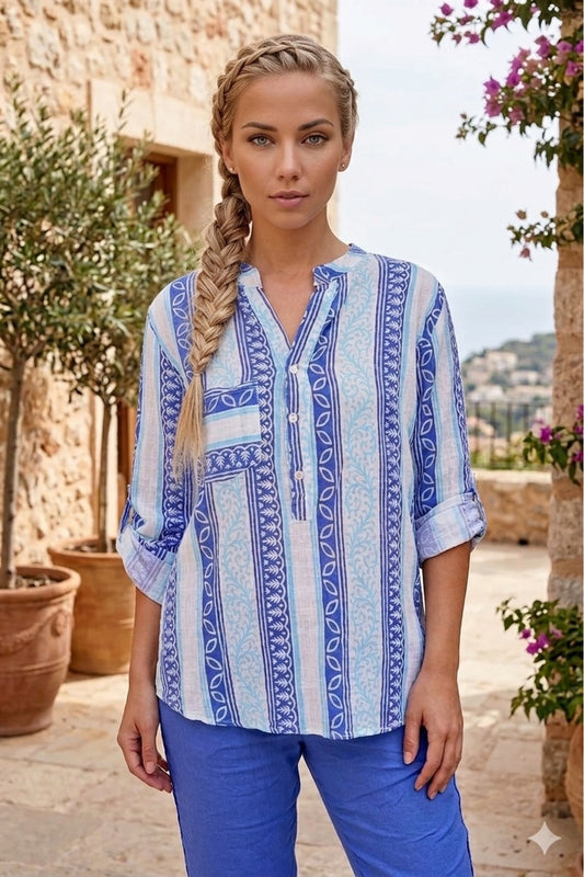 Elsie Women's Cotton-Linen Blend Boho Print Button-Up Shirt - Blue