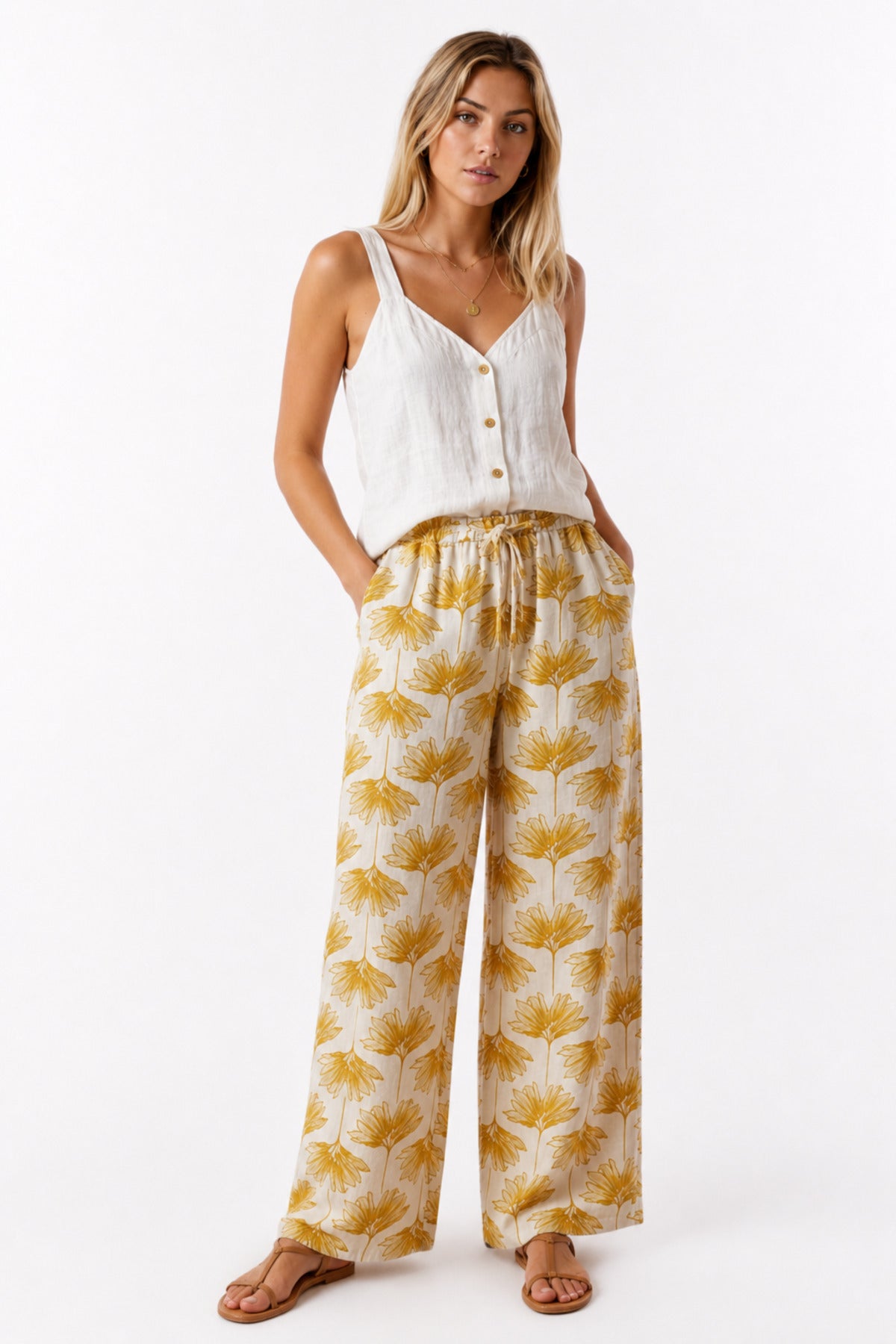 Lucy Women's Linen-Viscose Blend Wide Leg Palazzo Pants - Yellow Ginkgo