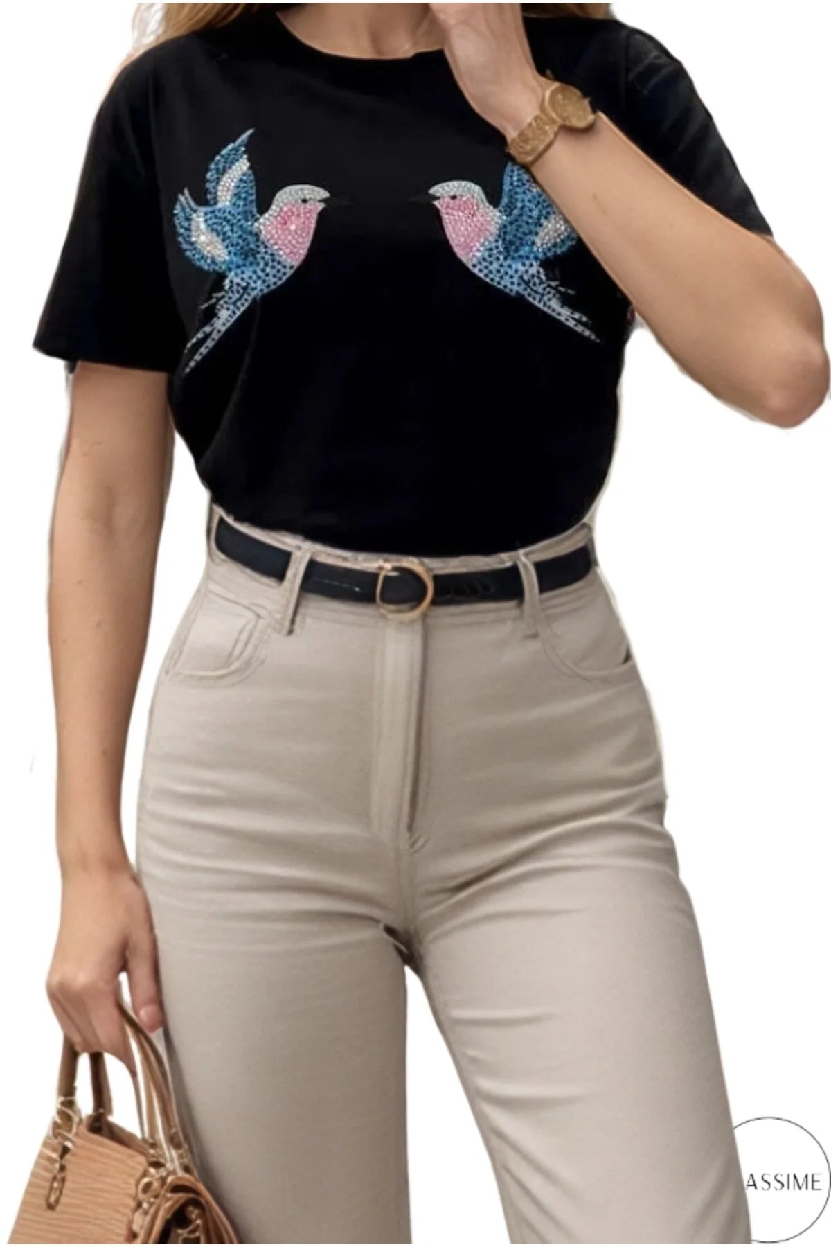 Camiseta Tilda Cactus Floral de Algodón con Lentejuelas - Negro