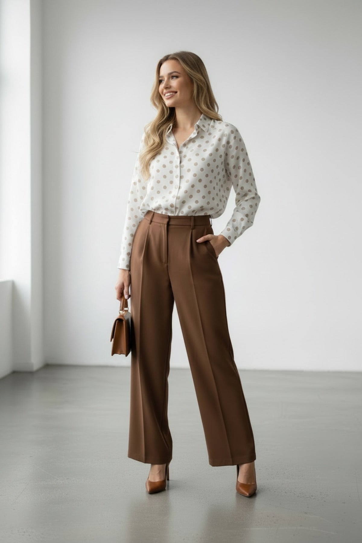 Amelia Women's Viscose Long Sleeve Button-Up Shirt - Cream with Light Brown Polka Dots