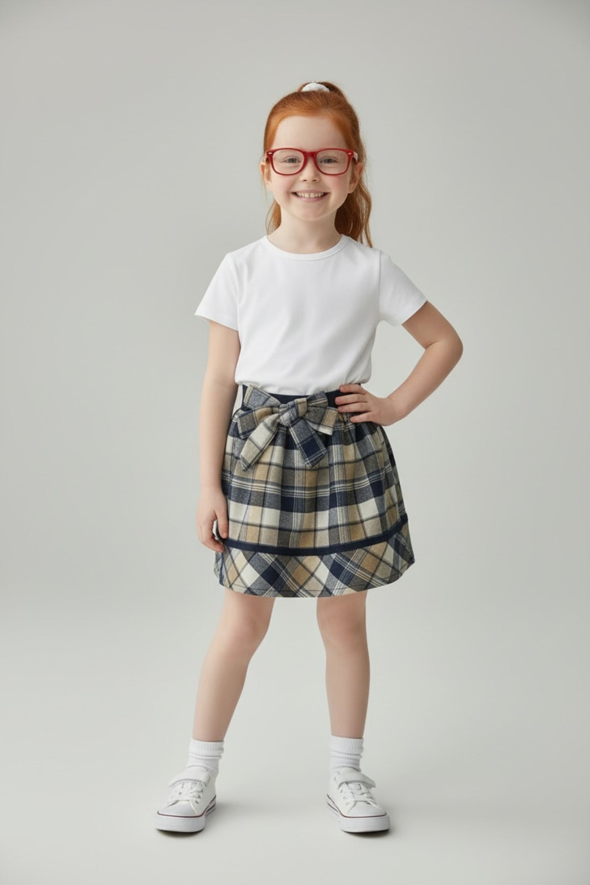 Alida Girls' Plaid Skirt - Navy Beige White Plaid - product image 1