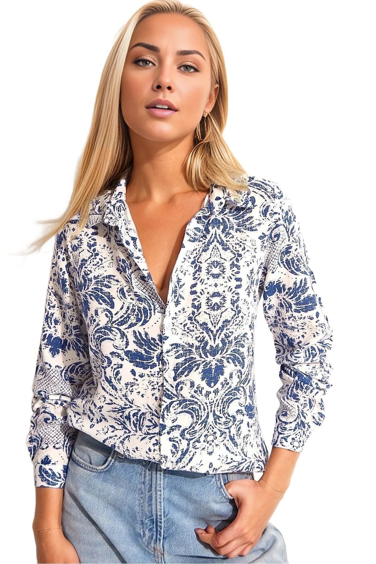 Amelia Women's Viscose Long Sleeve Button-Up Shirt - Blue Floral